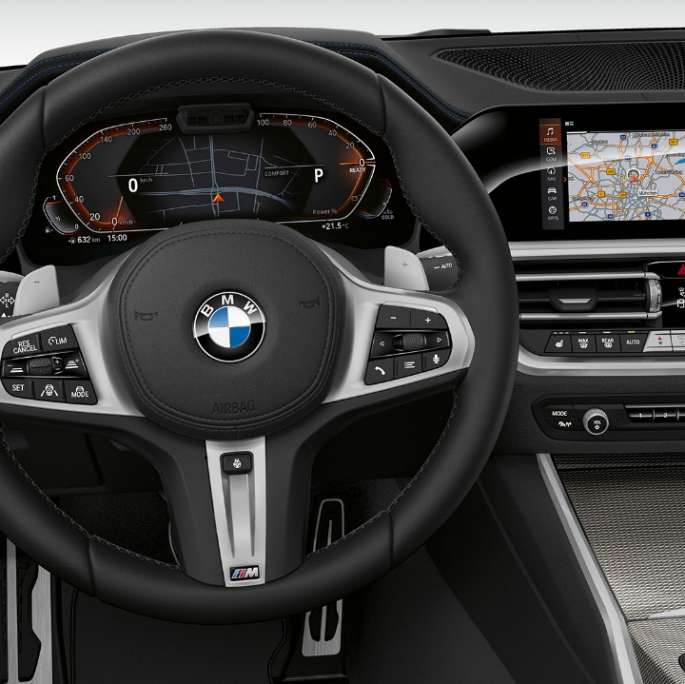 BMW 3-serie Sedan Sport Line, förarplats. Närbild framifrån av förarplatsen hos BMW 3-serie Sedan i utförandet Sport Line.