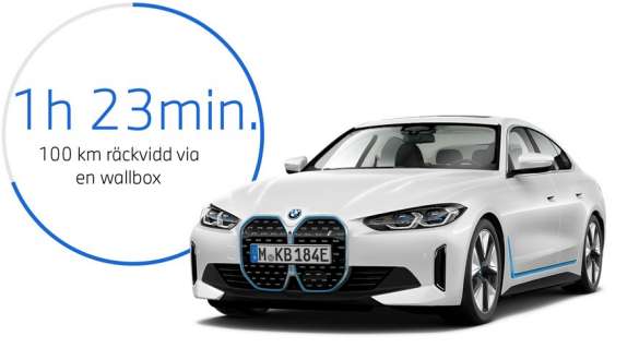 BMW i4 eDrive40 G26 2021 sedd framifrån med grafik som visar laddningstid BMW i4 eDrive40 G26 2021 sedd framifrån med grafik som visar laddningstid