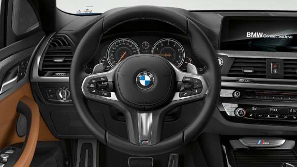 BMW X3 M40i och BMW X3 M40d, M lädersportratt. BMW X3 M40i och BMW X3 M40d, Interiör, Cockpit med M lädersportratt.