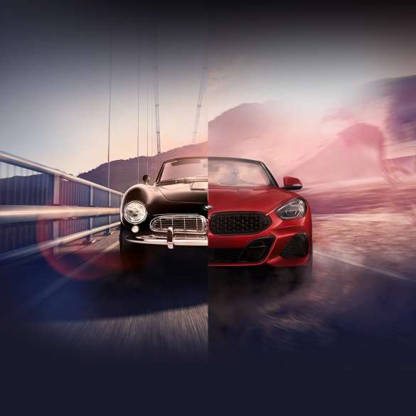 BMW 507 och BMW Z4 Roadster Tvådelad bild med svart BMW 507 och BMW Z4 Roadster