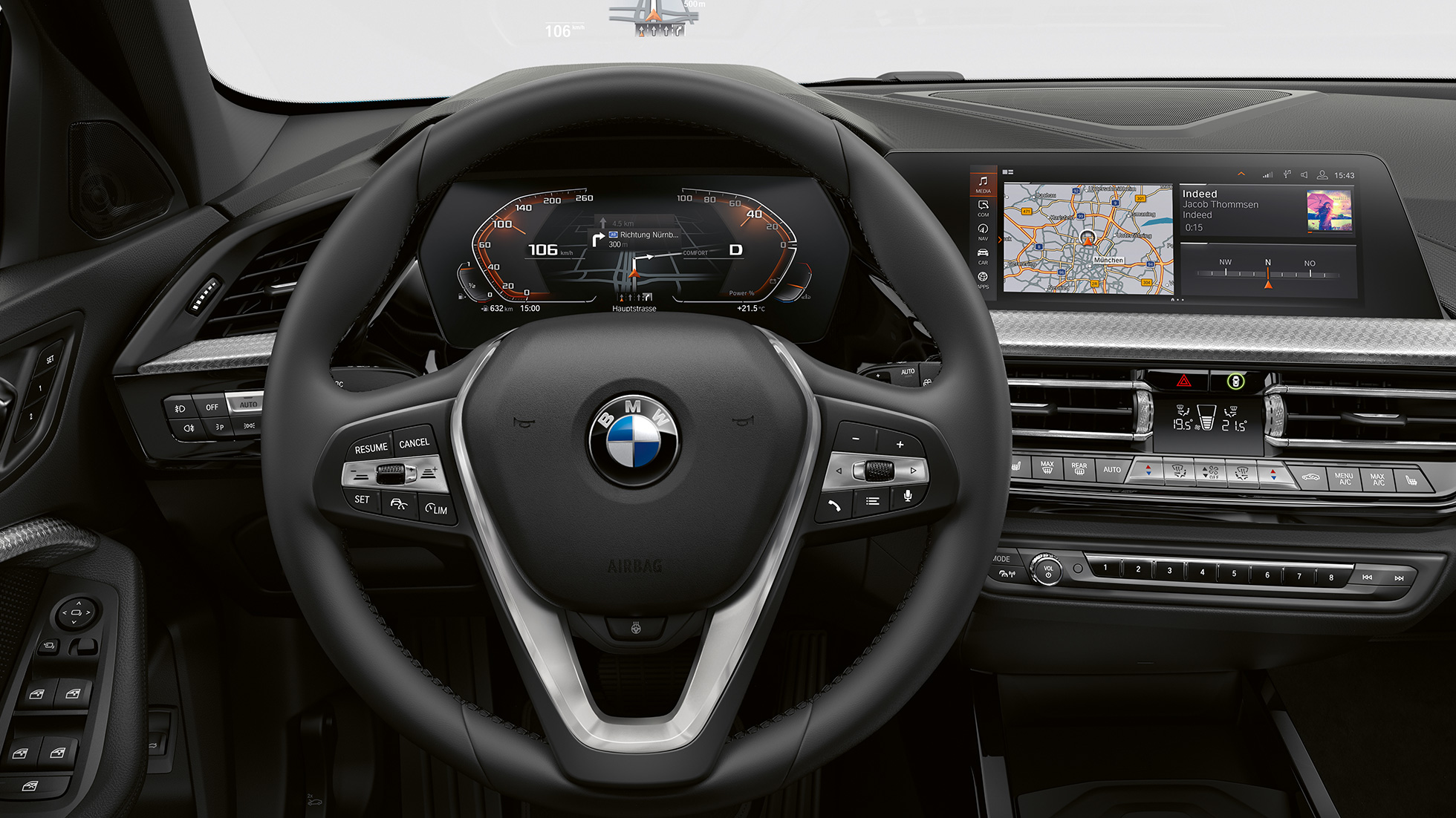 Lädersportratt med multifunktion. BMW 1-serie Modell Luxury Line, förarplats med sportläderratt.