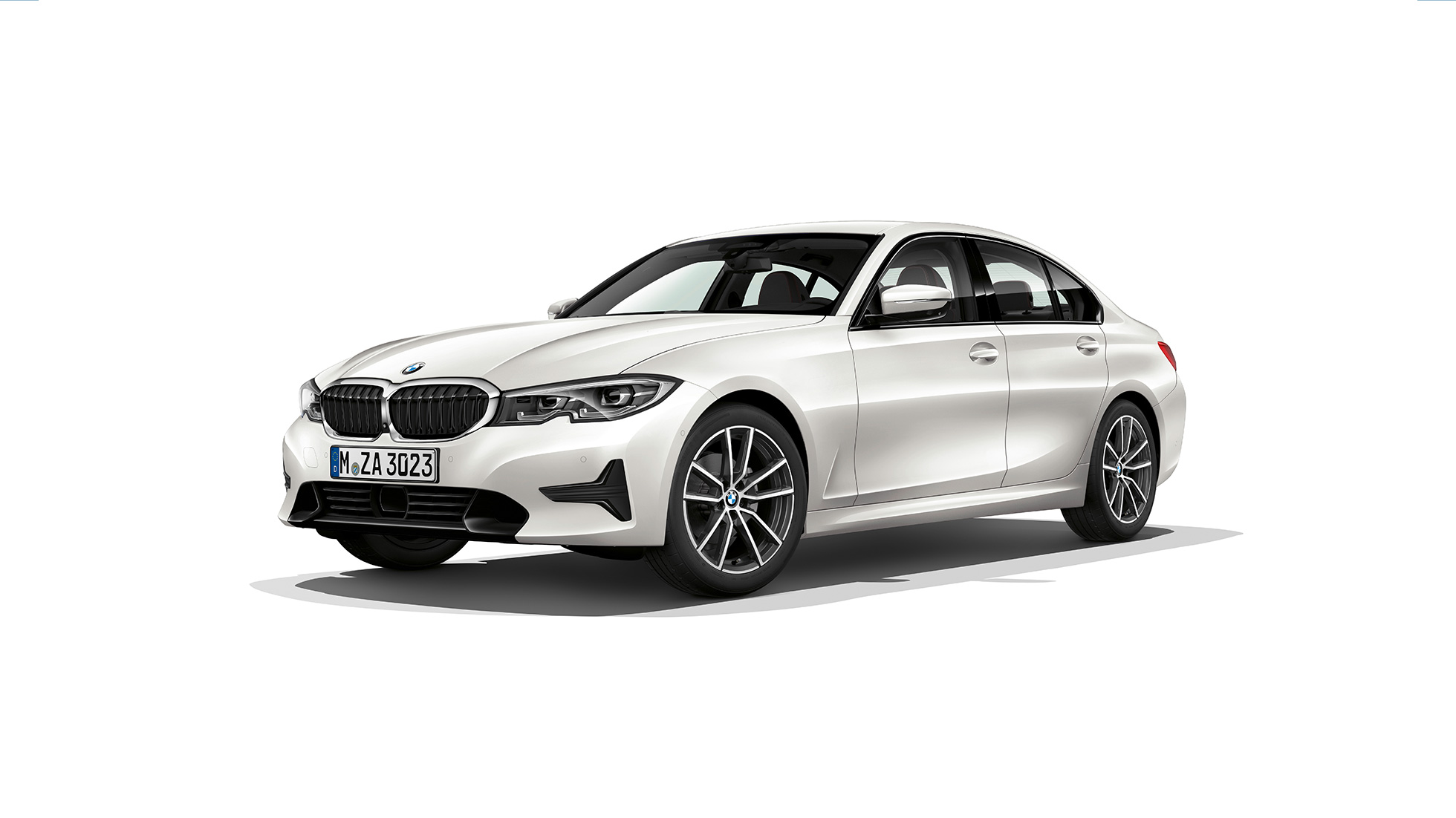 BMW 3-serie Sedan Sport Line. Stillastående BMW 3-serie Sedan Sport Line sedd från sidan.