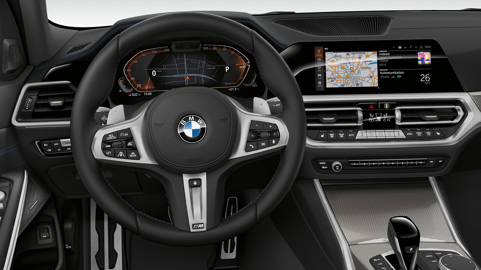 BMW 3-serie Sedan Sport Line, förarplats. Närbild framifrån av förarplatsen hos BMW 3-serie Sedan i utförandet Sport Line.
