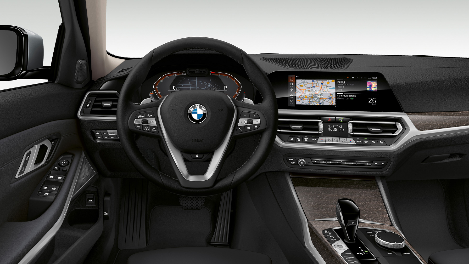 BMW 3-serie Sedan Luxury Line, förarplats. Närbild framifrån av förarplatsen hos BMW 3-serie Sedan i utförandet Luxury Line.