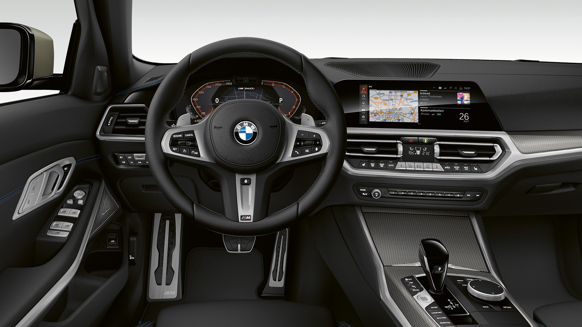 BMW 3-serie Sedan, M340i xDrive förarplats. Närbild framifrån av förarplatsen i BMW M340i xDrive Sedan.