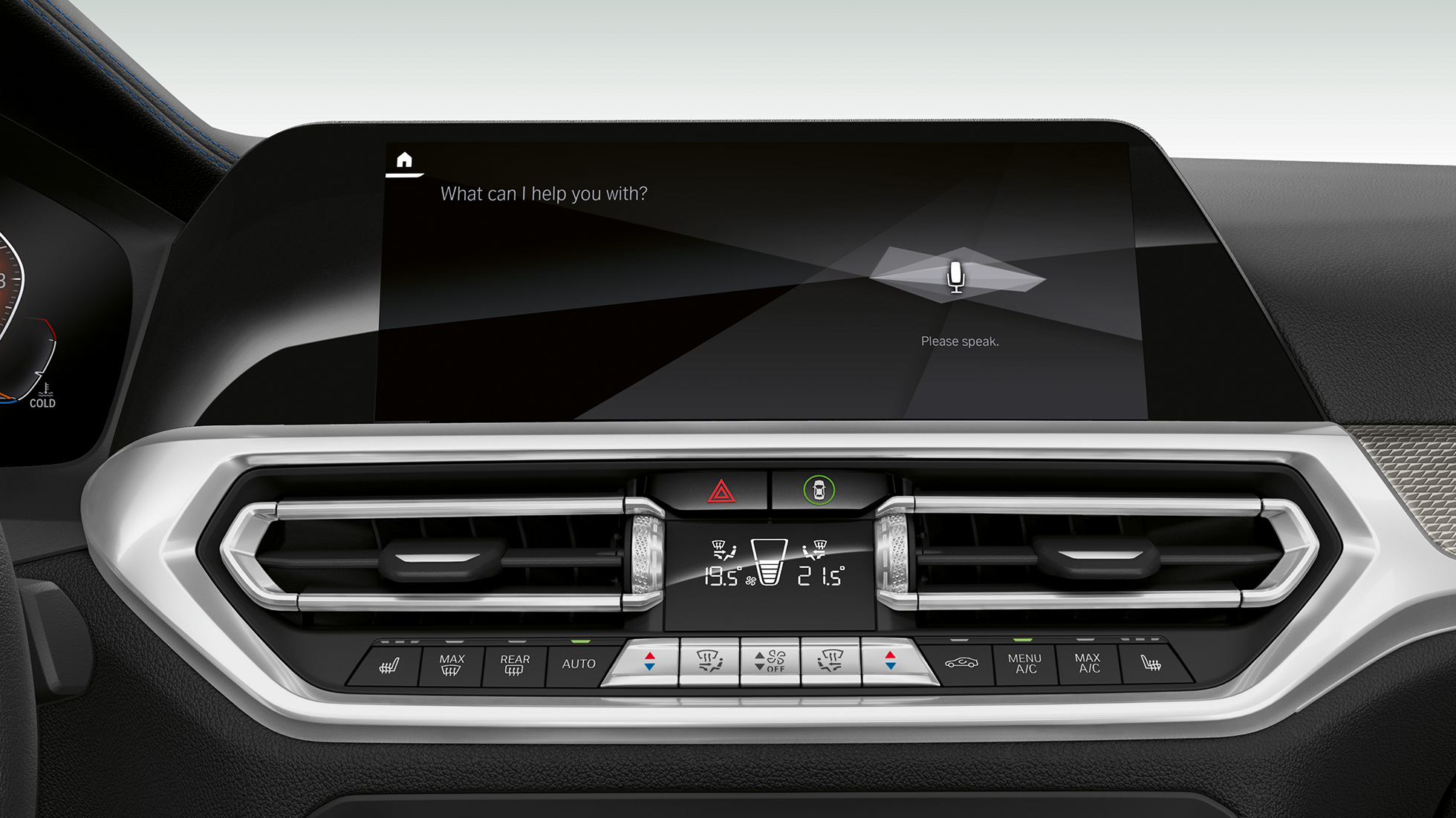 BMW 3-serie Sedan, BMW Intelligent Personal Assistant. Närbild av förarplatsens instrumentdisplay med BMW Intelligent Personal Assistant i BMW 3-serie Sedan.