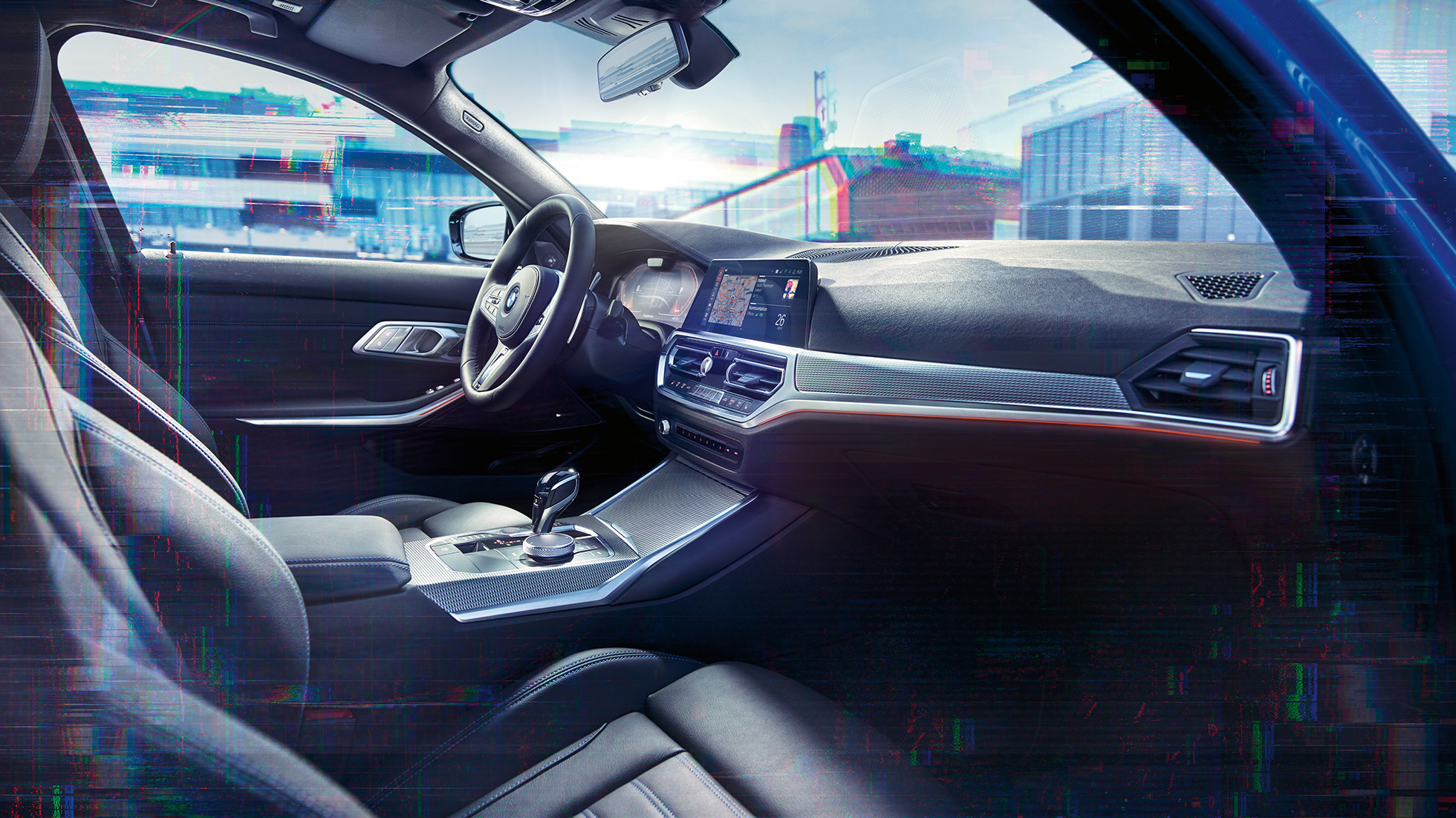 BMW 3-serie Sedan, BMW Live Cockpit Professional. Närbild av interiören i BMW 3-serie Sedan med BMW Live Cockpit Professional.