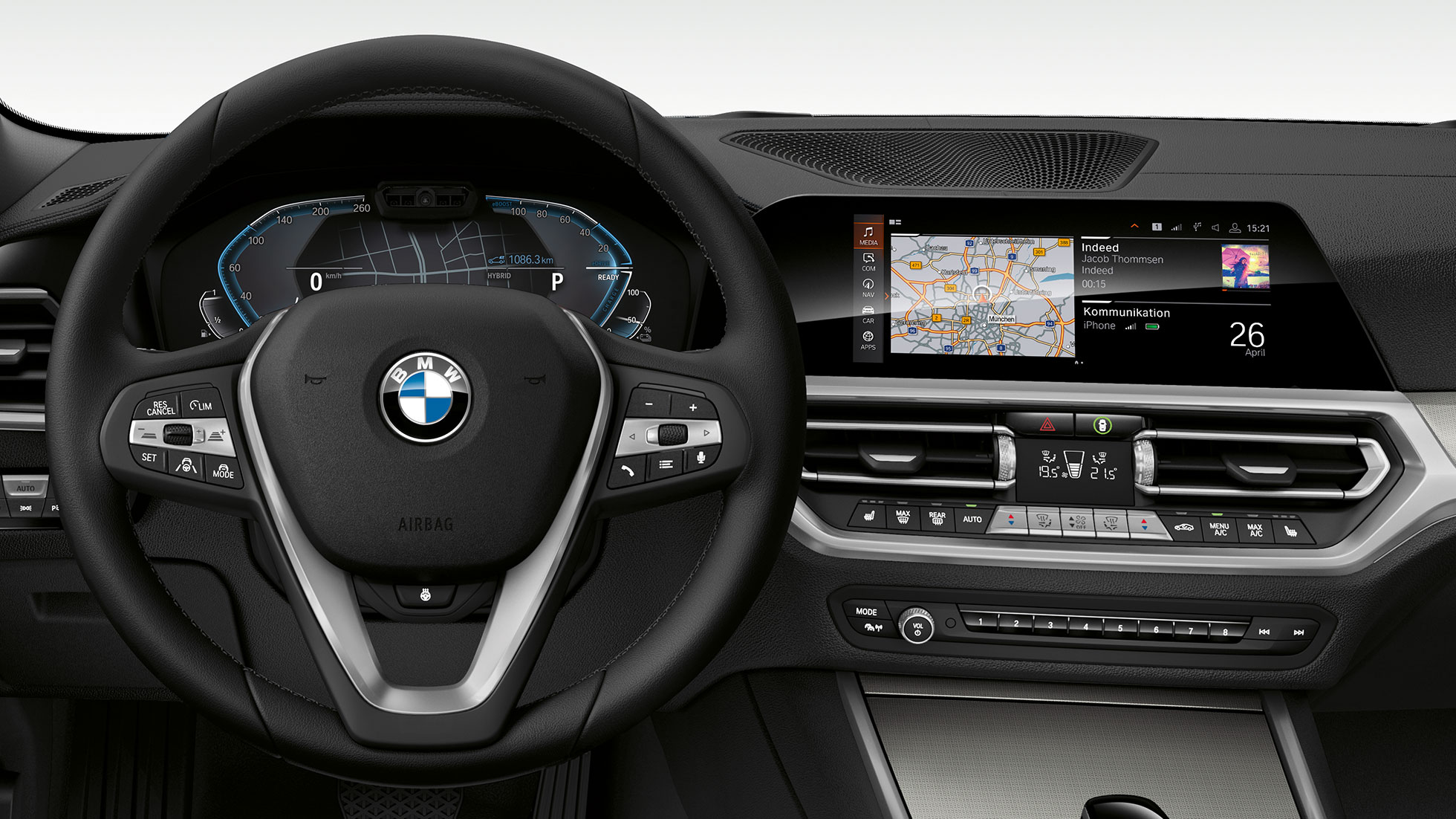 BMW 3-serie Sedan, förarplats. Detalj framifrån av förarplatsen i BMW 3-serie Sedan med -specifik instrumentdisplay.