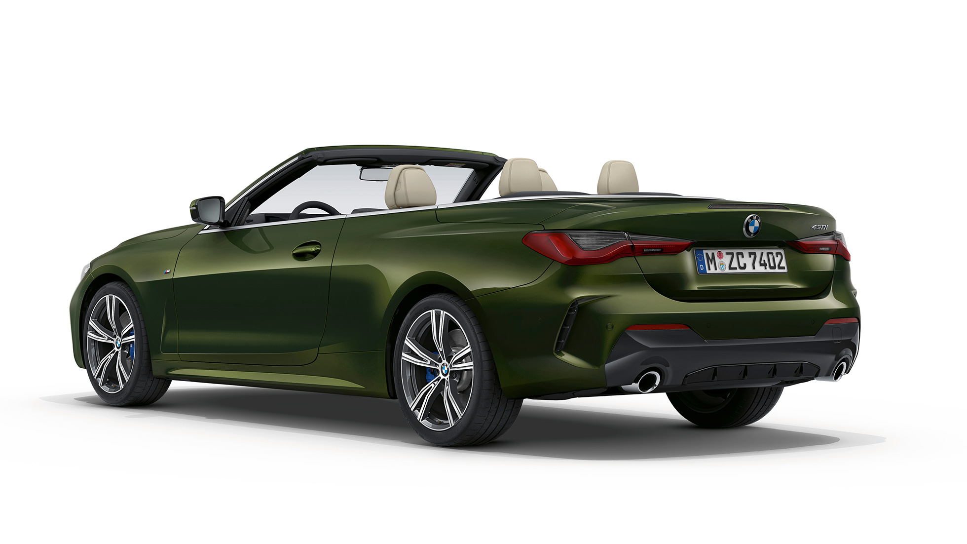 Bakparti BMW 4-serie Cabriolet Modell M sport G23 2020 BMW 4-serie Cabriolet G23 2020 Modell M sport Bluestone metallic sedd snett bakifrån