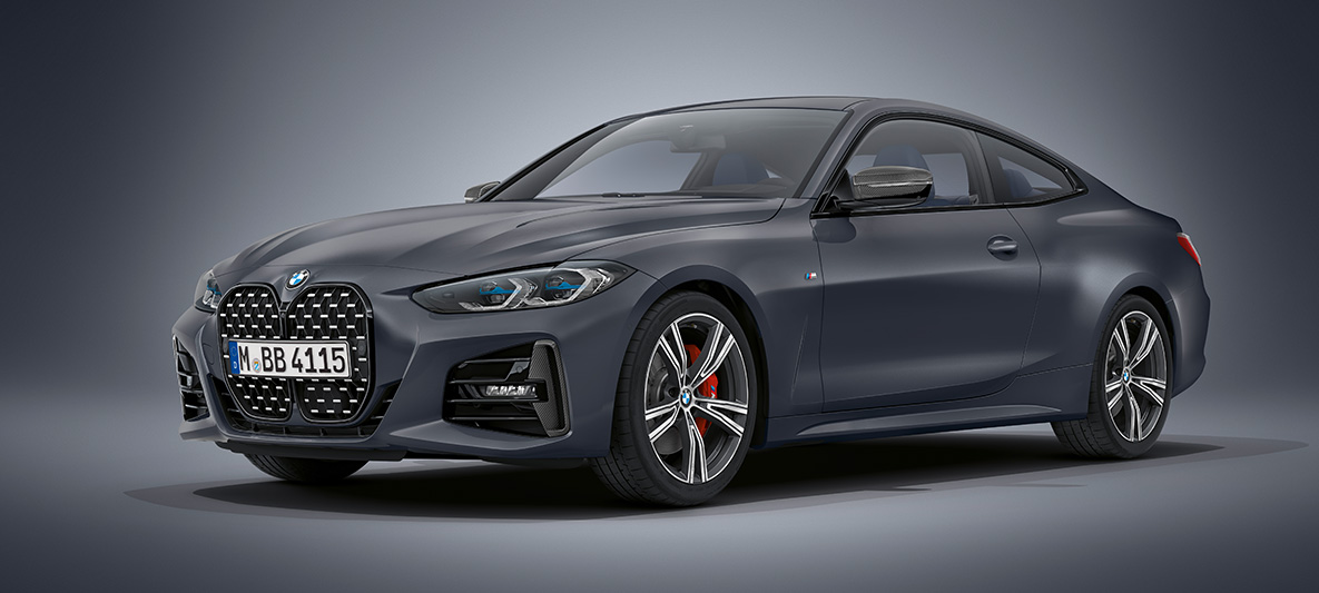 BMW Individual Frozen Deep Grey metallic BMW 4-serie Coupé G22 2020 BMW 4-serien Coupé Frozen Deep Grey metallic G22 2020 sedd snett framifrån parkerad