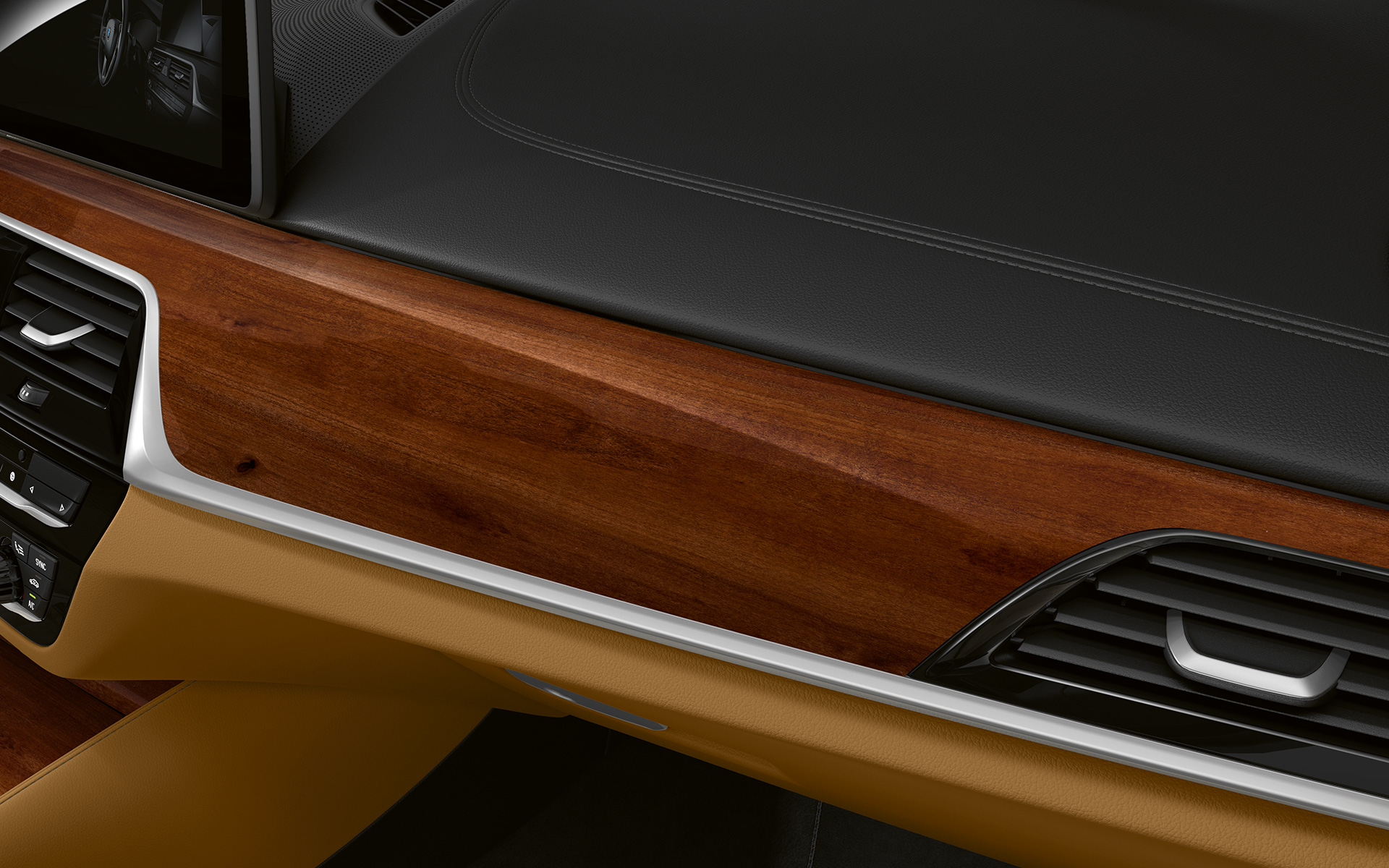 BMW 5-serie Touring G31 LCI Förarplats i detalj Interiörlist BMW Individual ädelträutförande Plommon Brun högglans med accentlist Pärlglanskrom BMW 5-serie Touring G31 Facelift 2020 Förarplats i detalj Interiörlist BMW Individual ädelträutförande Plommon Brun högglans med accentlist Pärlglanskrom