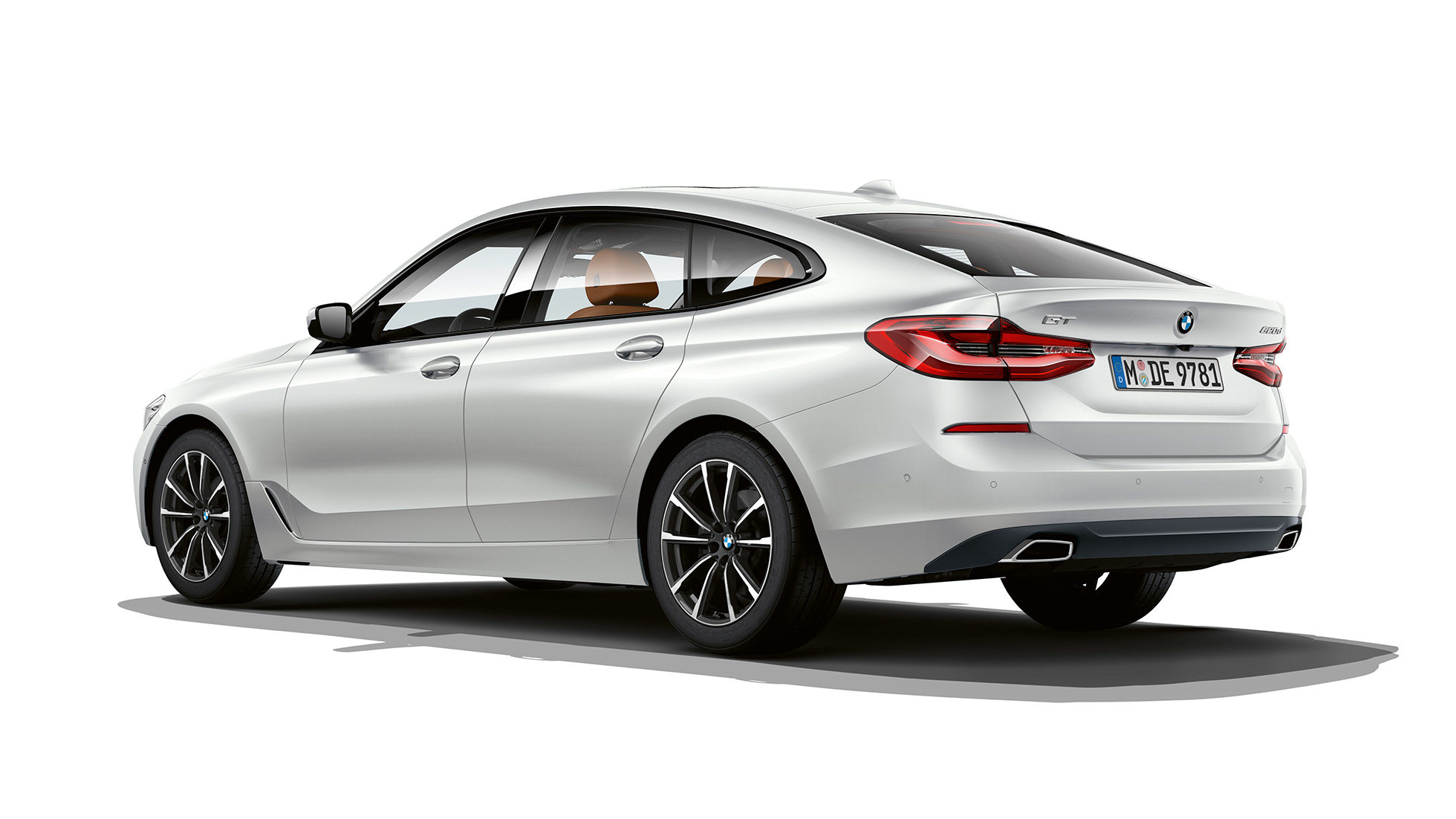 Bakparti BMW 6-serie Gran Turismo Standardutrustning G32 2020 BMW 6-serie Gran Turismo G32 2020 Standardutrustning Mineralvit metallic sedd snett bakifrån