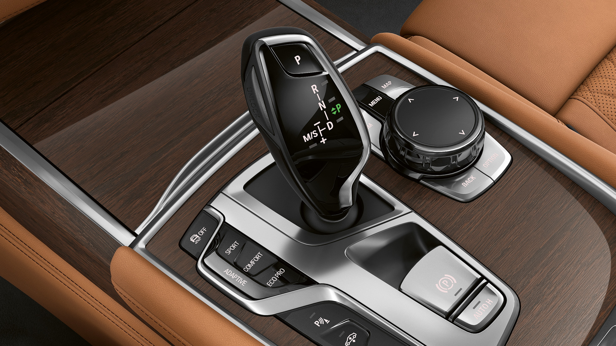 BMW 7-serie sedan med exteriördesignen Pure Excellence, växelväljare BMW 7-serie sedan med exteriördesignen Pure Excellence: Närbild av växelväljaren