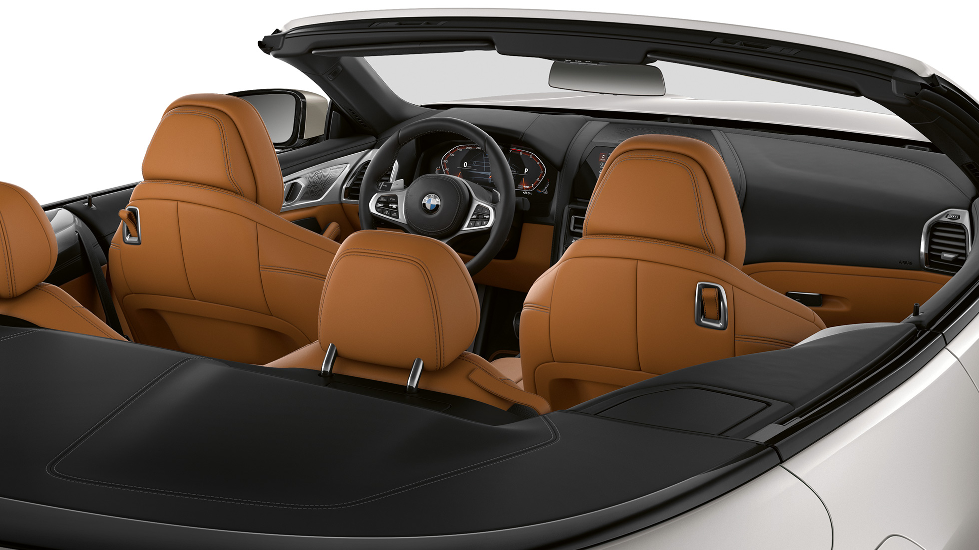 BMW M850i xDrive, interiör med nedfälld sufflett. BMW M850i xDrive, interiör med nedfälld sufflett.