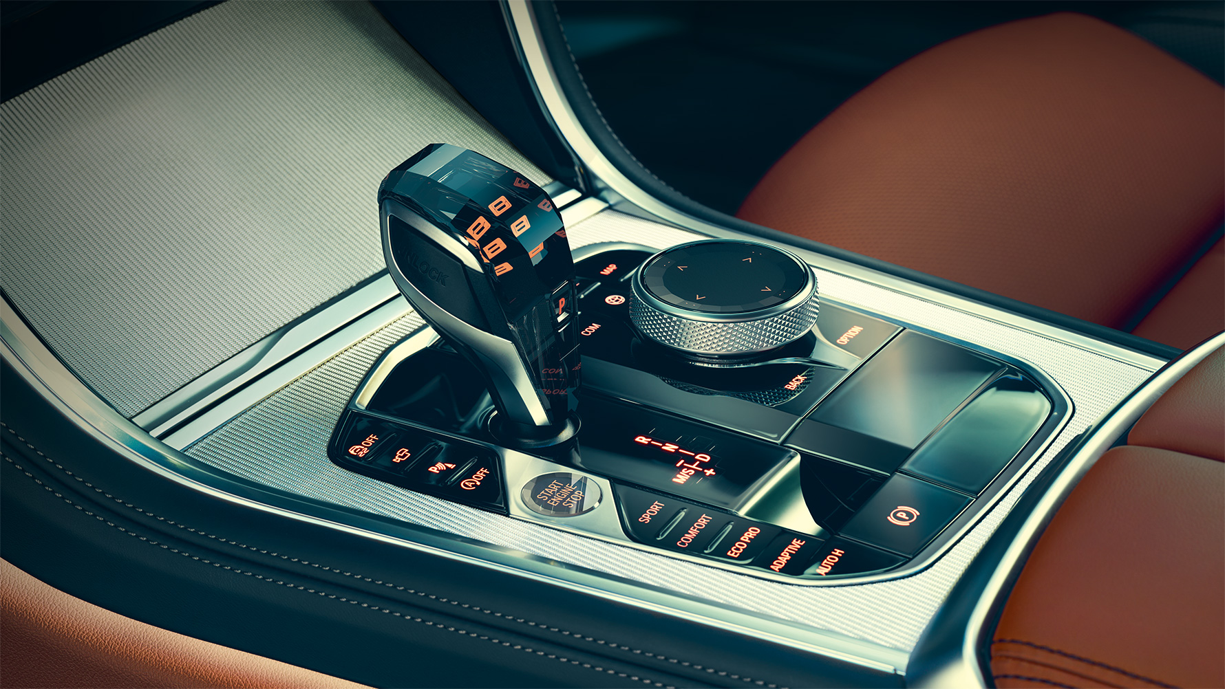 BMW 8-serie Coupé glasinlägg Närbild på glasinläggen i interiören i BMW 8-serie Coupé.