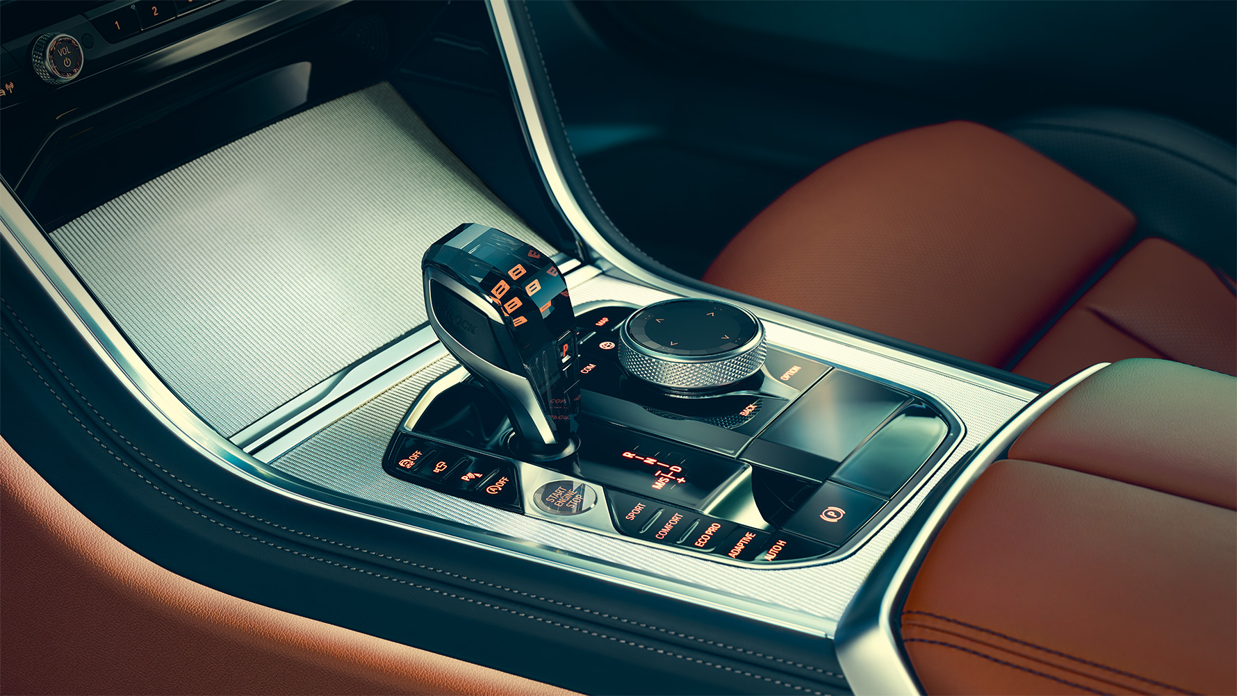 BMW 8-serie Coupé, mittkonsol Närbild på interiören i BMW 8-serie Coupé med fokus på mittkonsolen.
