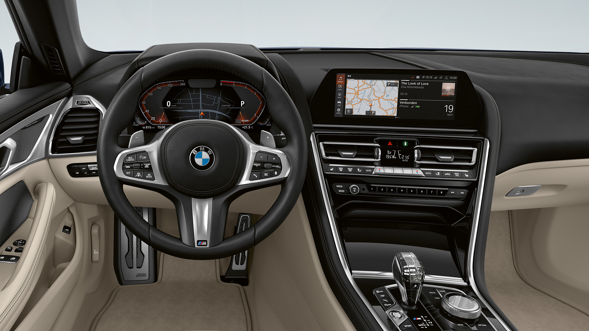 M läderratt med multifunktion. BMW 8-serie Coupé, förarplats, M läderratt med multifunktion.