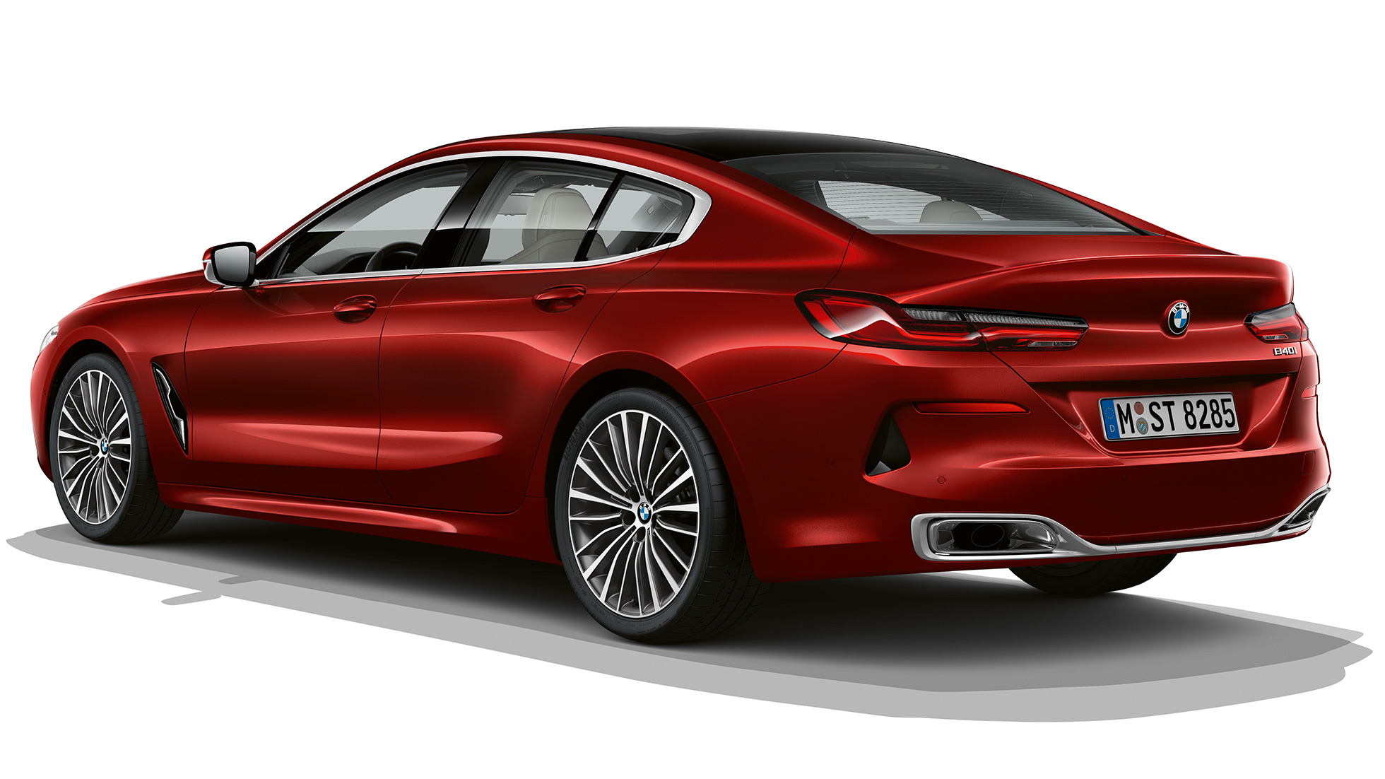 Basmodell trefjärdedelsvy bakifrån BMW 8-serie Gran Coupé, trefjärdedelsvy bakifrån