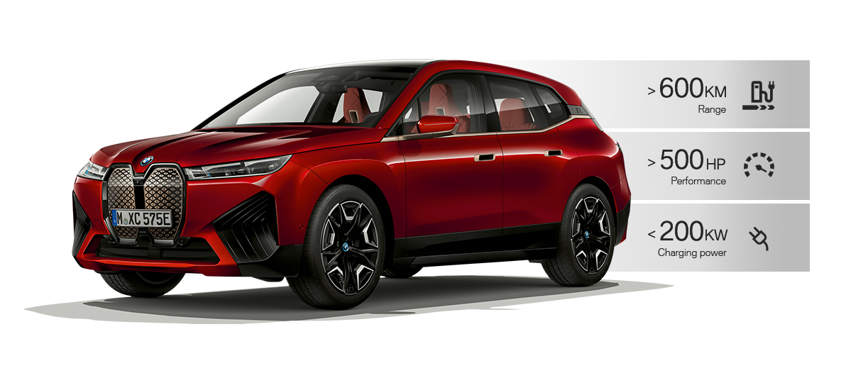 BMW iX sedd snett framifrån BMW iX Kashmirsilver i20 sedd snett framifrån