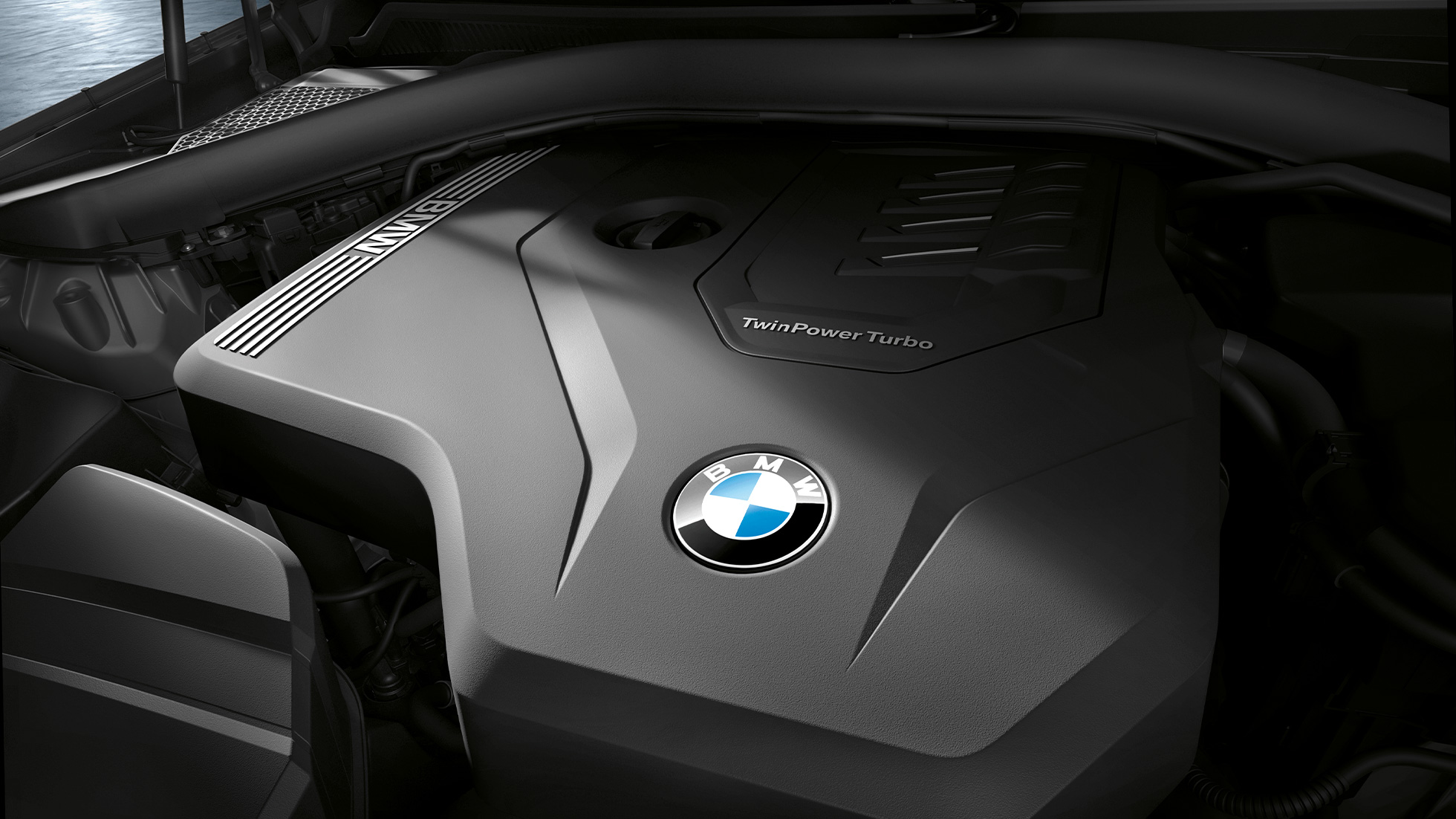 Motor BMW M340i xDrive Sedan Motor BMW M340i xDrive Sedan G20 Safirsvart metallic närbild