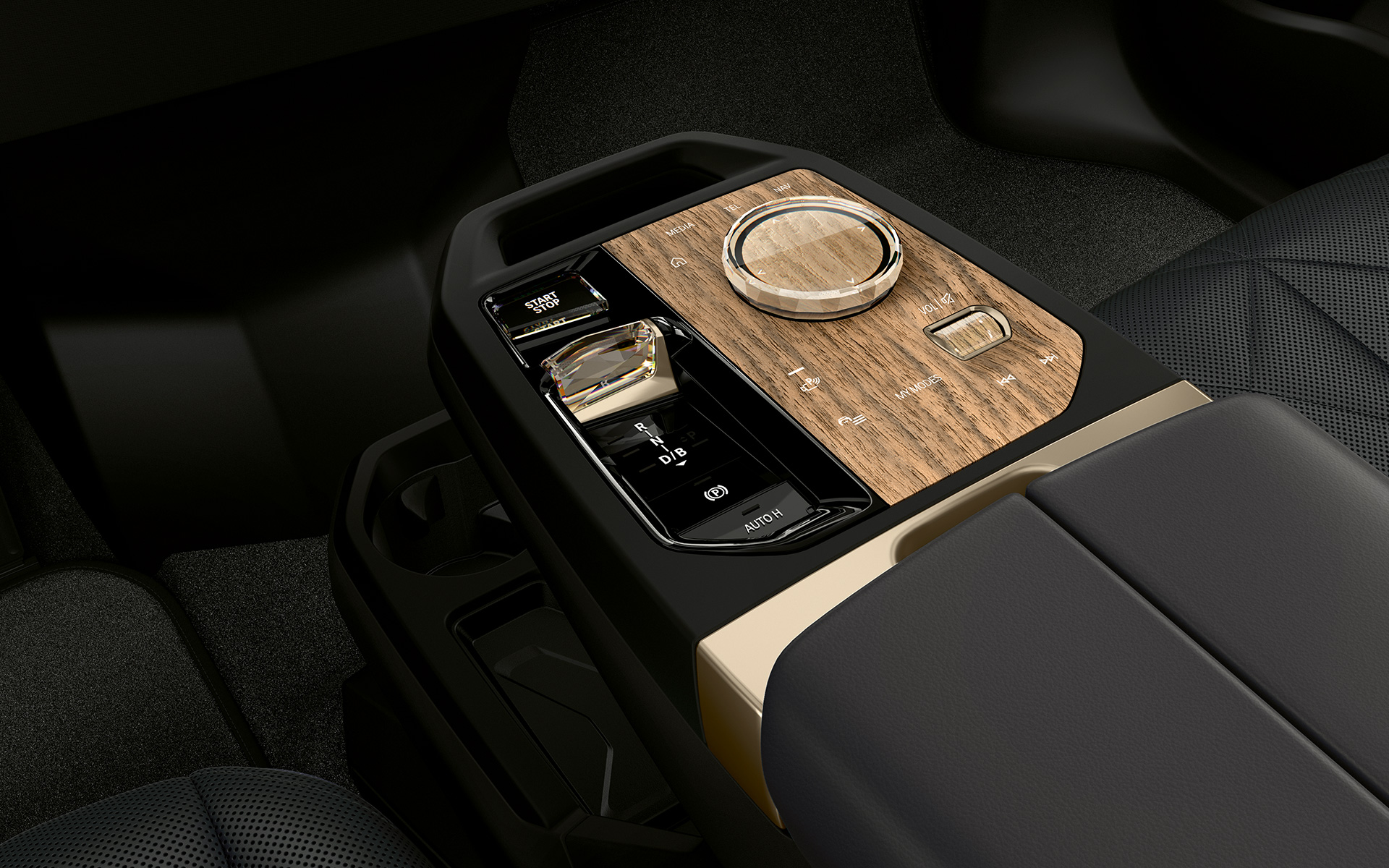 BMW iX M60 i20 2022 eldriven SUV mittkonsol med start-/stoppknapp och BMW Controller kupé