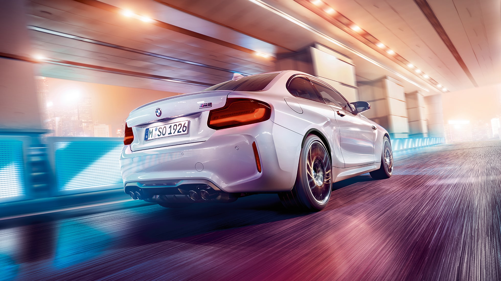Design bakparti BMW M2 Competition F87 Design bakparti BMW M2 Competition F87 2018 Hockenheim Silvermetallic trefjärdedelsvy bakifrån
