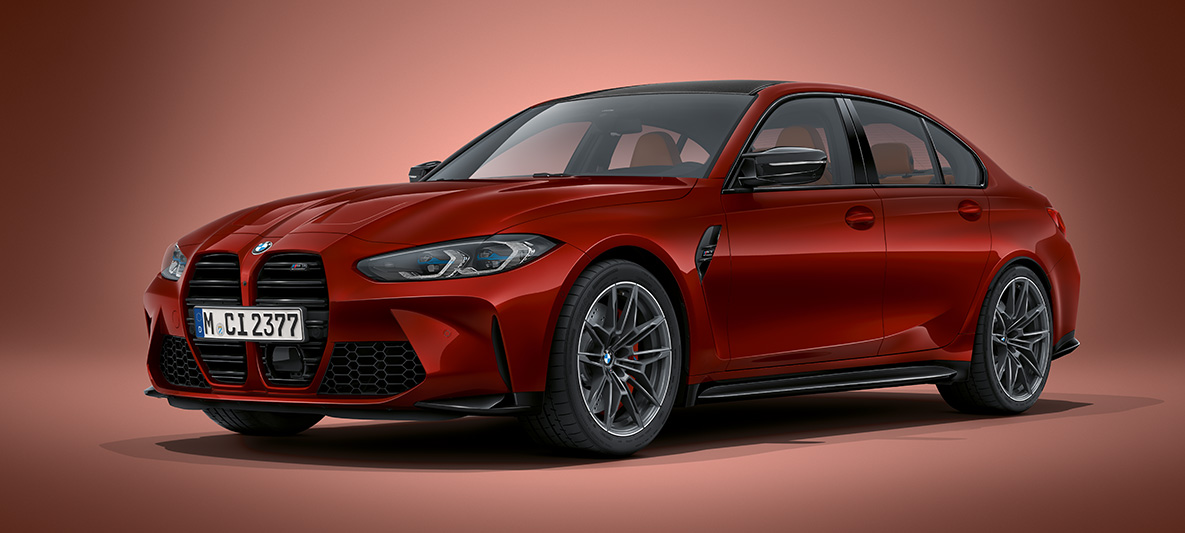 BMW Individual Dravitgrå metallic BMW M3 Sedan G80 2020 BMW M3 Sedan BMW Individual Dravitgrå metallic G80 2020 sedd snett framifrån parkerad