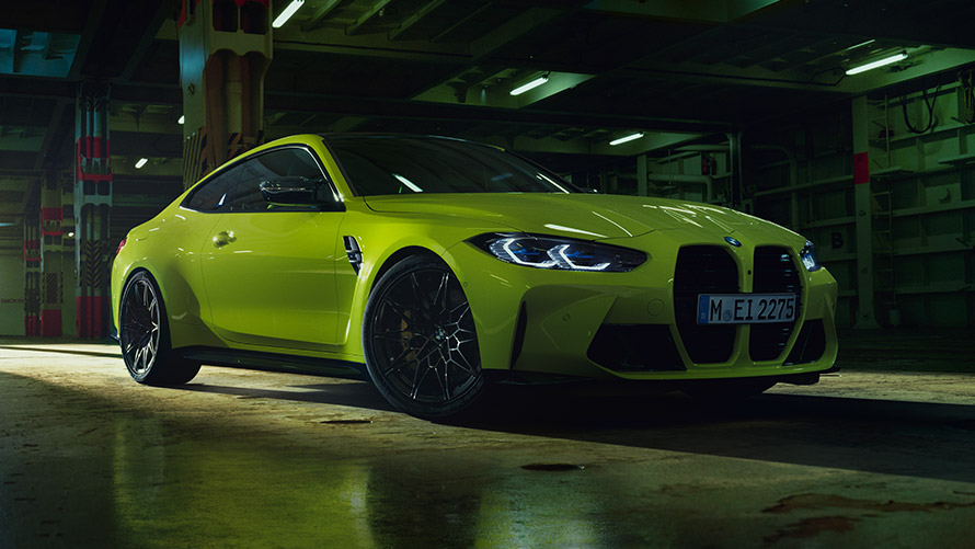 BMW M4 G82 sedd snett från sidan stillastående BMW M-modeller BMW M4 G82 sedd snett från sidan stillastående