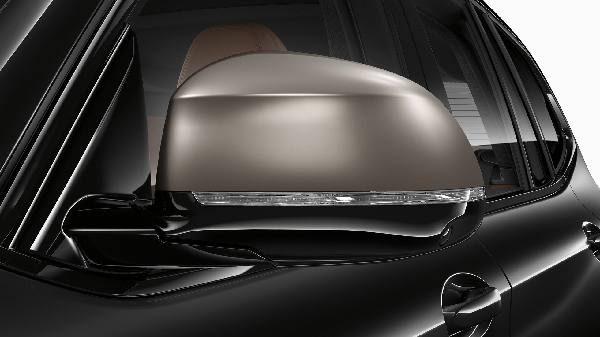 BMW X3 M40i och BMW X3 M40d, backspegelskåpor. BMW X3 M40i och BMW X3 M40d i Safirsvart metallic, Exteriör, galvaniserade backspegelskåpor i Ceriumgrå.