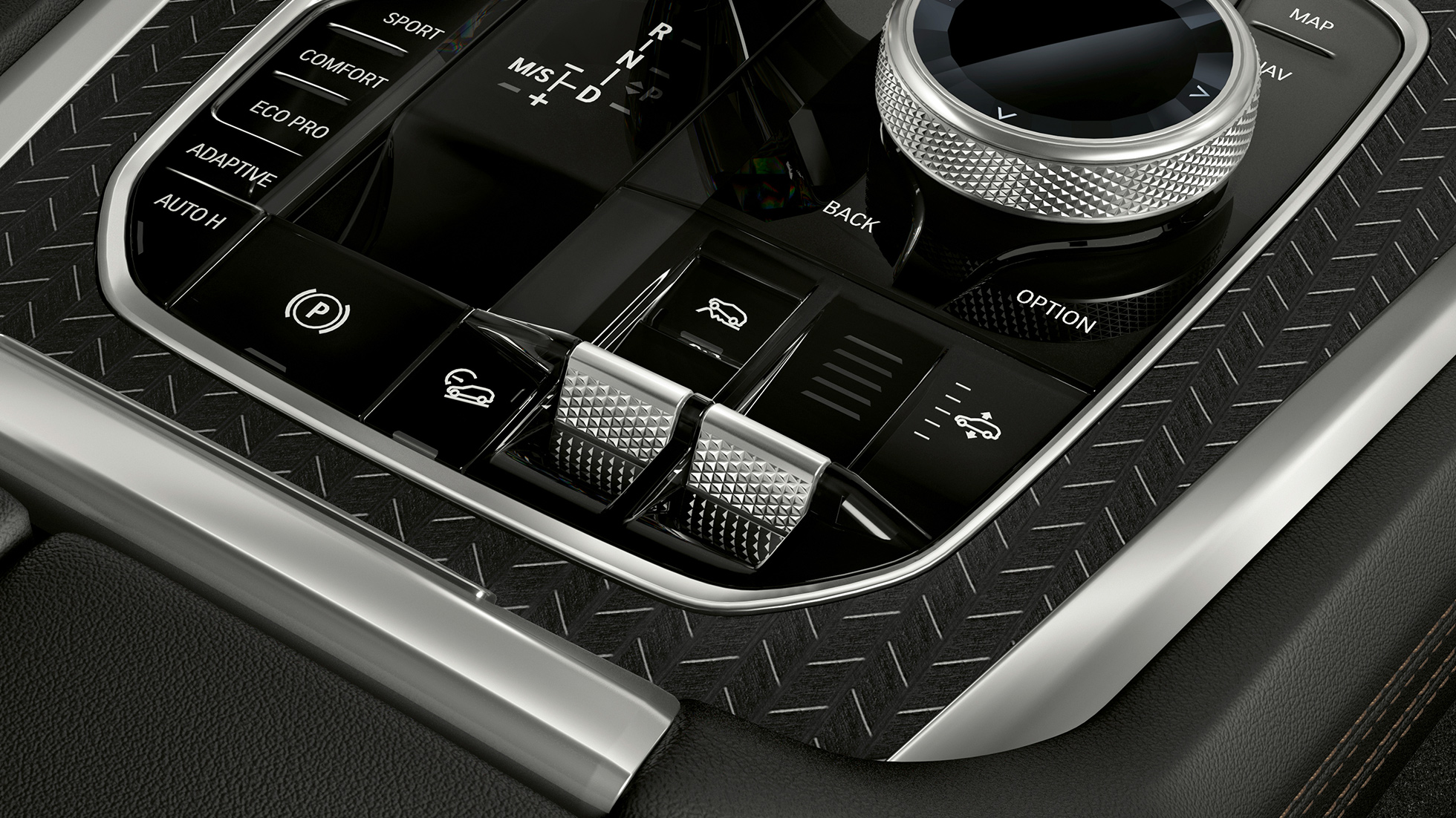 BMW X6-mittkonsol. Närbild på interiören i BMW X6 med fokus på mittkonsolen.