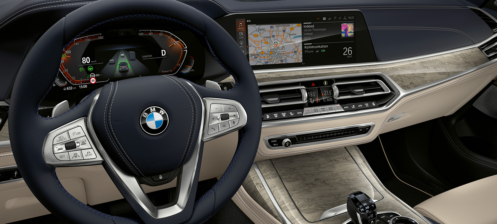 BMW X7, innovativa funktioner BMW X7 förarplats med fokus på instrumentdisplayen och instrumentpanelen