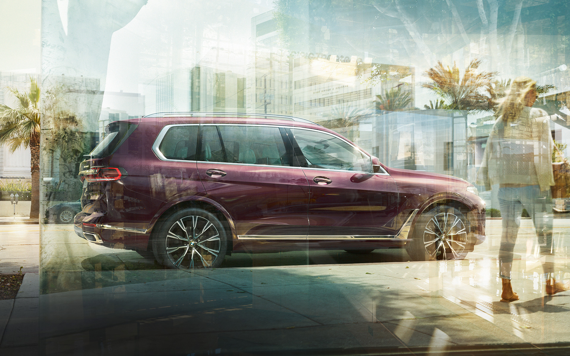 BMW X7 Individual xDrive40i G07 2018 Ametrin metallic parkerad med stadsmiljö i fonden BMW X7 Individual xDrive40i G07 2018 Ametrin metallic parkerad med stadsmiljö i fonden
