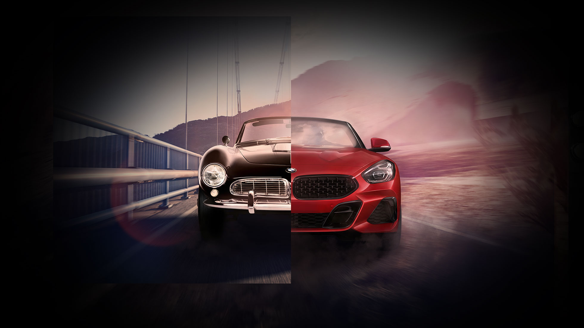 BMW 507 och BMW Z4 Roadster Tvådelad bild med svart BMW 507 och BMW Z4 Roadster