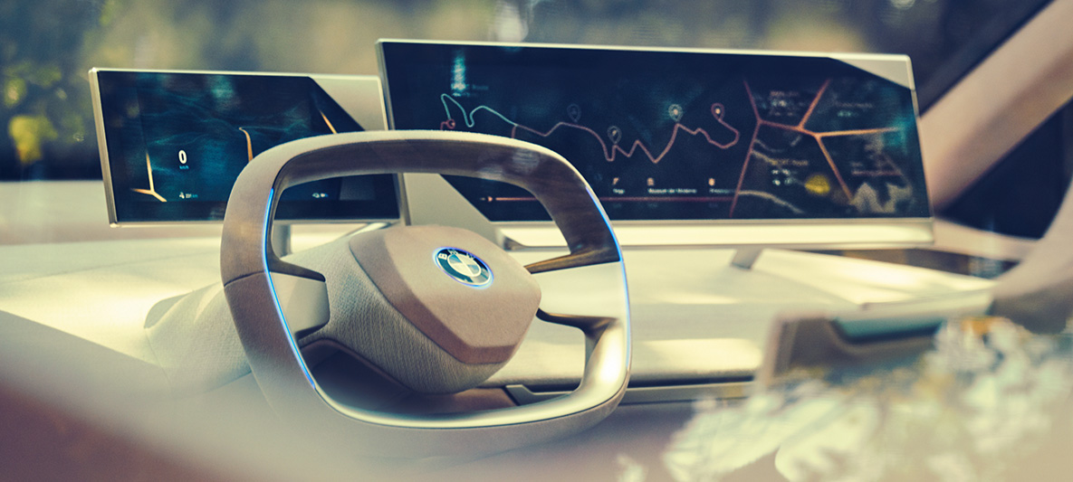 Interiören i BMW Vision iNEXT Interiören i BMW Vision iNEXT med ratt och instrumentpanel