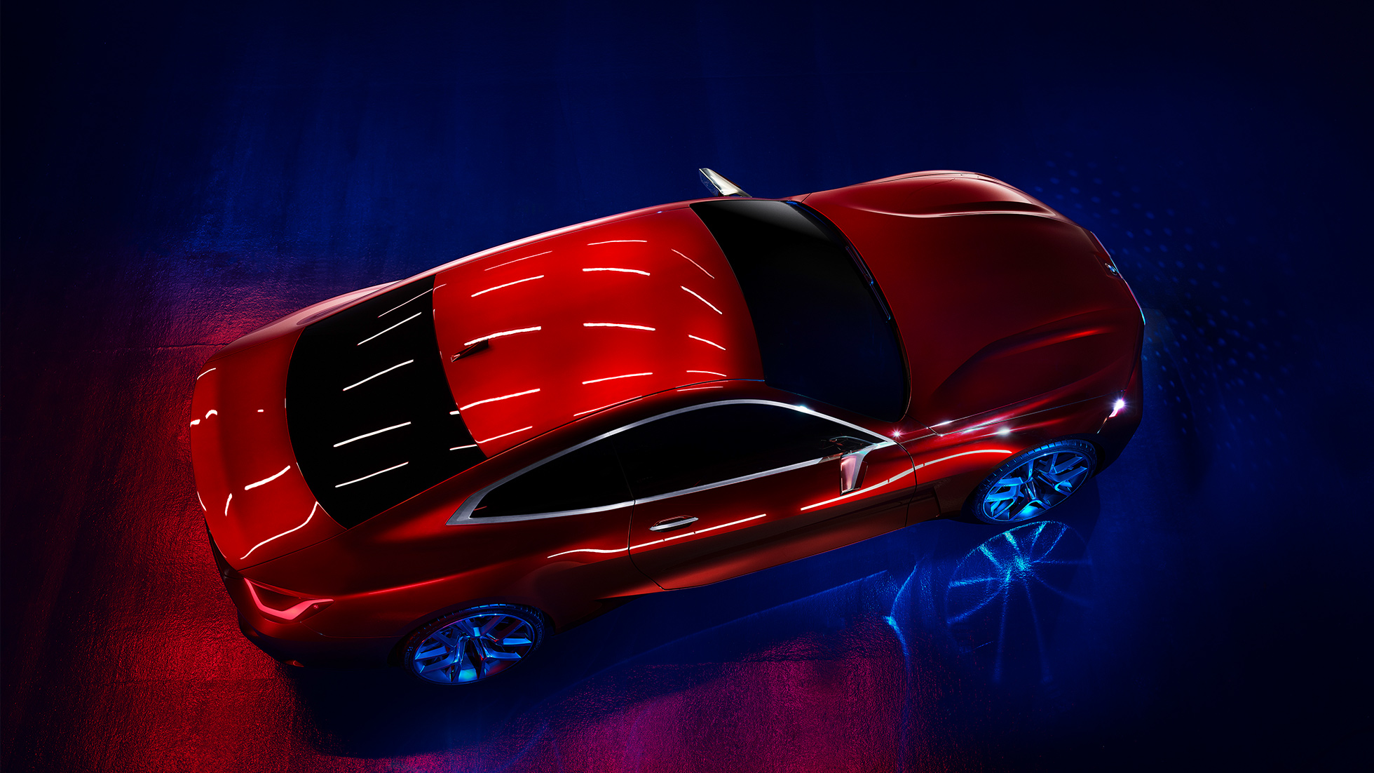 Lack Forbidden Red BMW Concept 4 Spännande lack Forbidden Red BMW Concept 4 Exteriördesign sedd ur fågelperspektiv