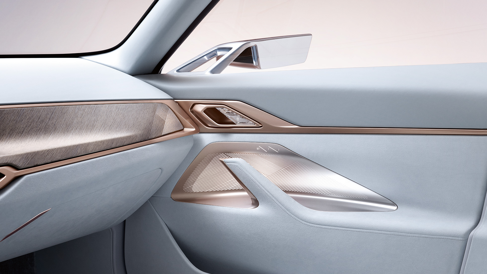 Interiör 4 BMW Concept i4 2020 G26 Interiör 4 BMW Concept i4 2020 G26 Elbil helt elektrisk BMW Gran Coupé närbild dörr med backspegel