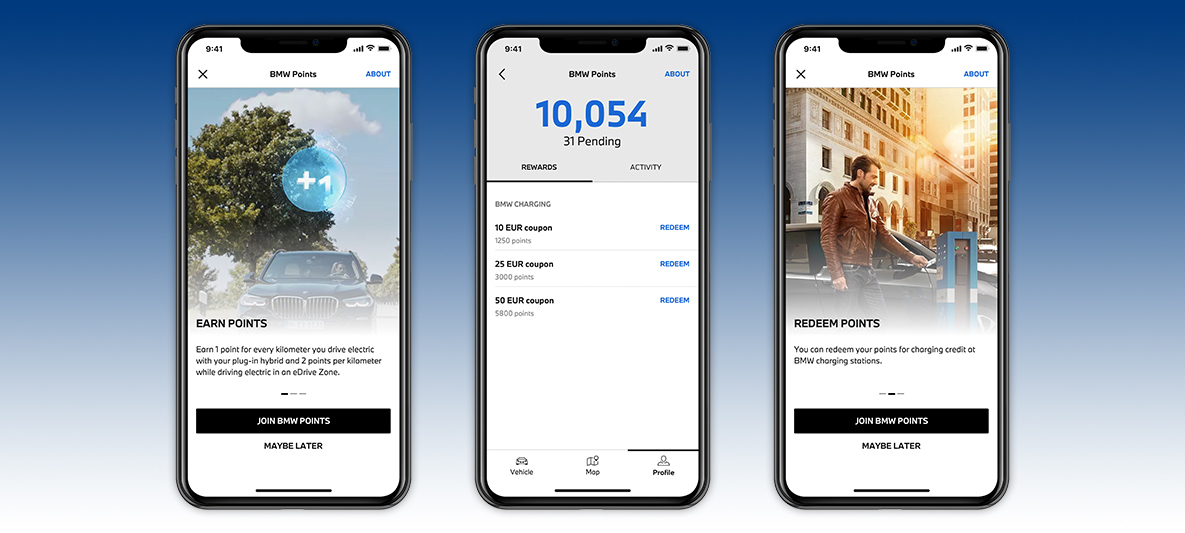 My BMW-appen kör elektriskt och samla BMW Points Skärm på smartphone My BMW-appen kör elektriskt och samla BMW Points Skärm på smartphone